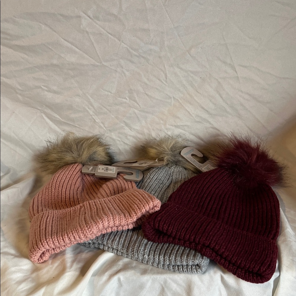 Pom Pom Knit Beanie Set- Pink, Gray & Burgundy